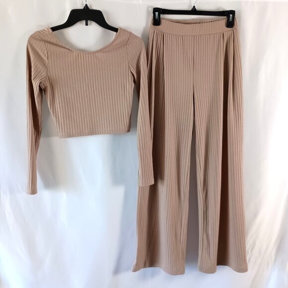 Women’s Ribbed Crop Top & Wide Leg Pants Set Size S Long Sleeve Casual Fall Outf - Picture 2 of 8